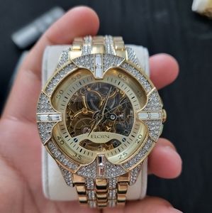 Elgin Mens Crystal-Accent Gold-Tone Skeleton Automatic Watch